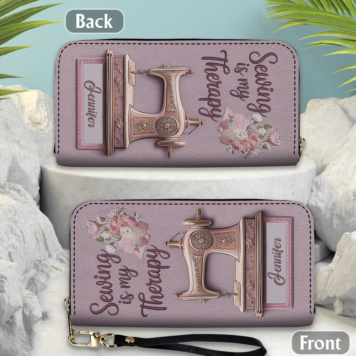 Nähen ist meine Therapie – Personalisierte Ledergeldbörse aus Nähmaschinen