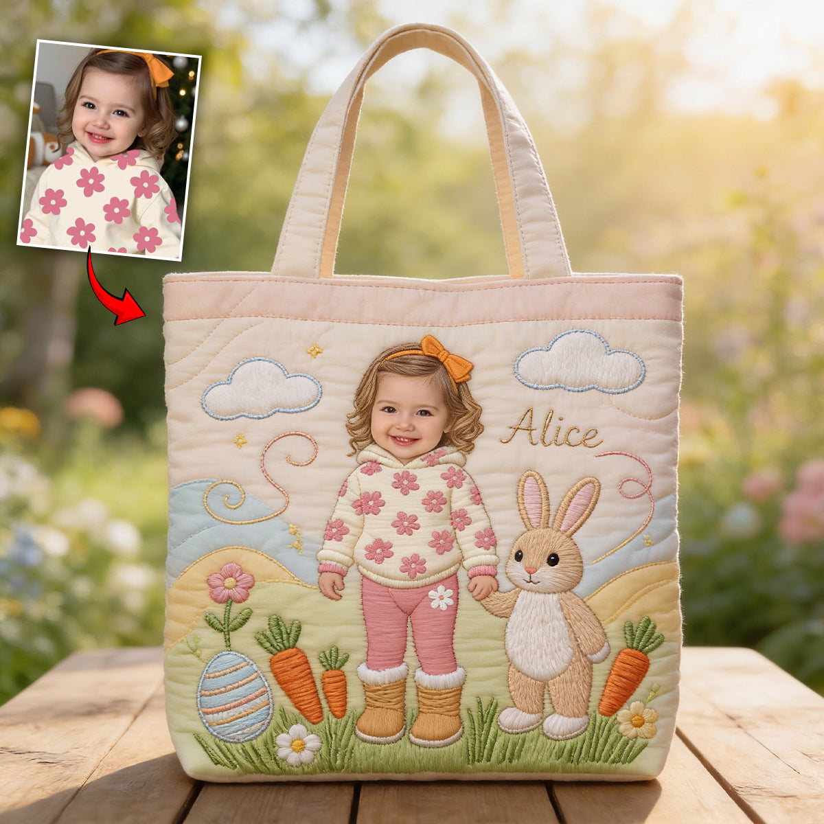 Custom Easter Bunny Tote Bag For Egg Hunt - Personalized Kid Quilted Tote Bag