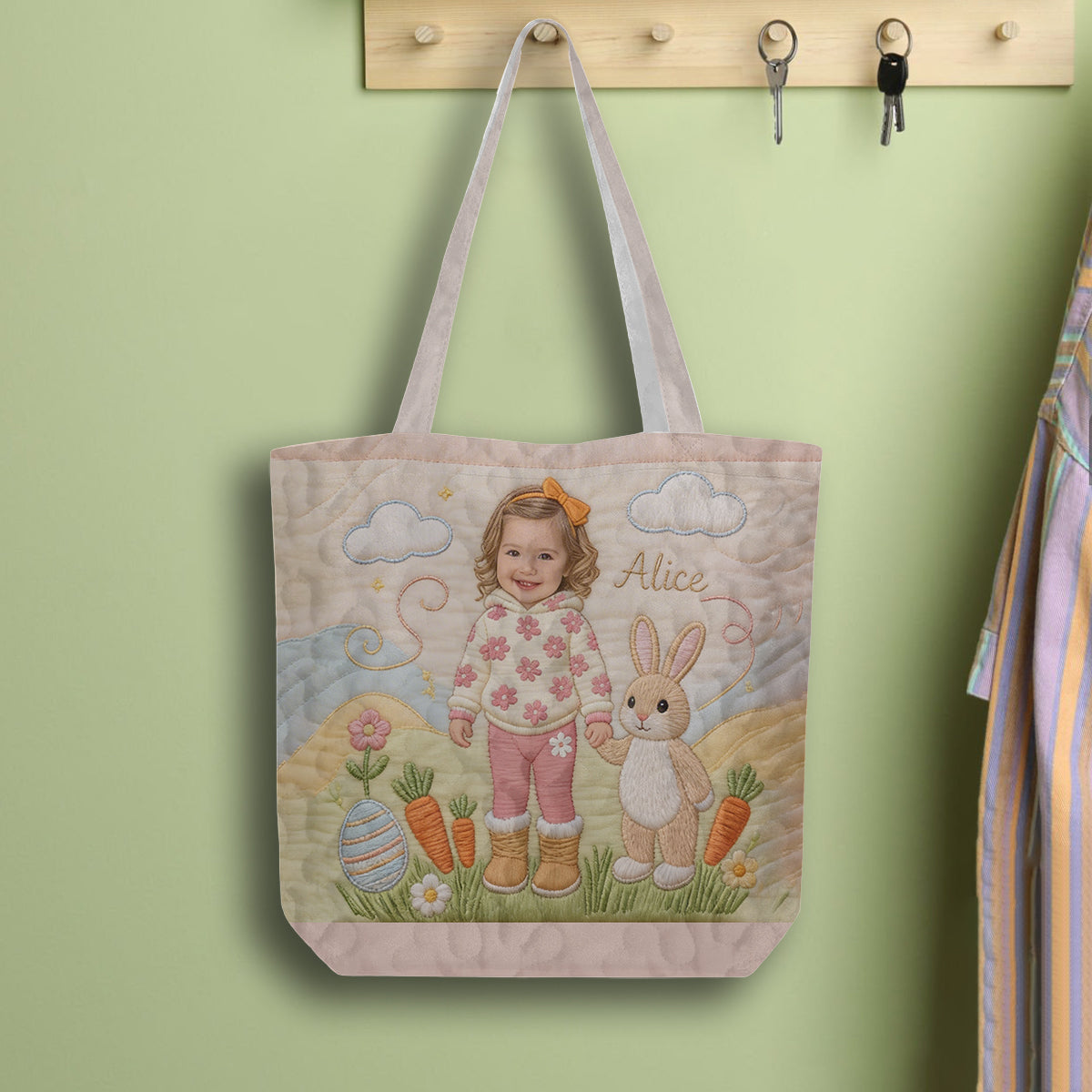 Custom Easter Bunny Tote Bag For Egg Hunt - Personalized Kid Quilted Tote Bag