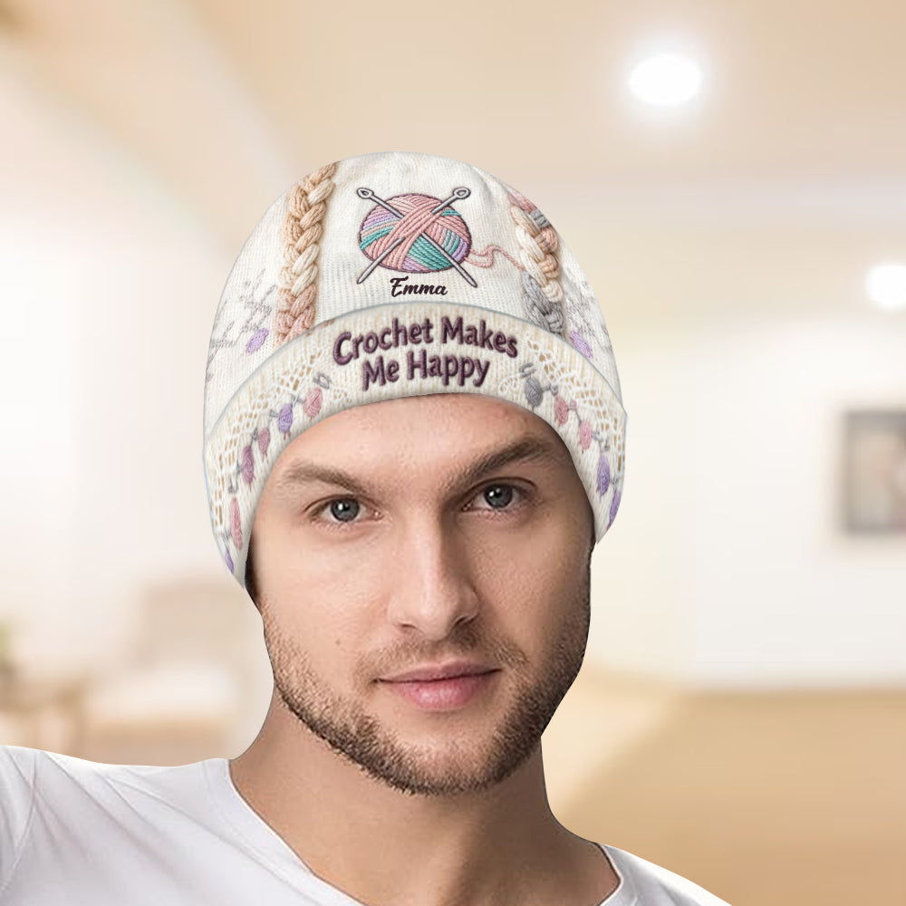 Häkeln macht mich glücklich – personalisierte Häkelmütze