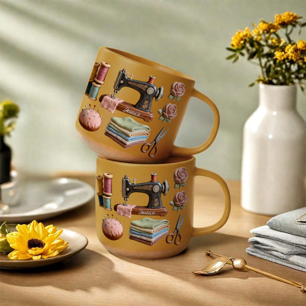 Ich liebe Nähen – Personalisierte Keramiktasse mit Nähmotiv