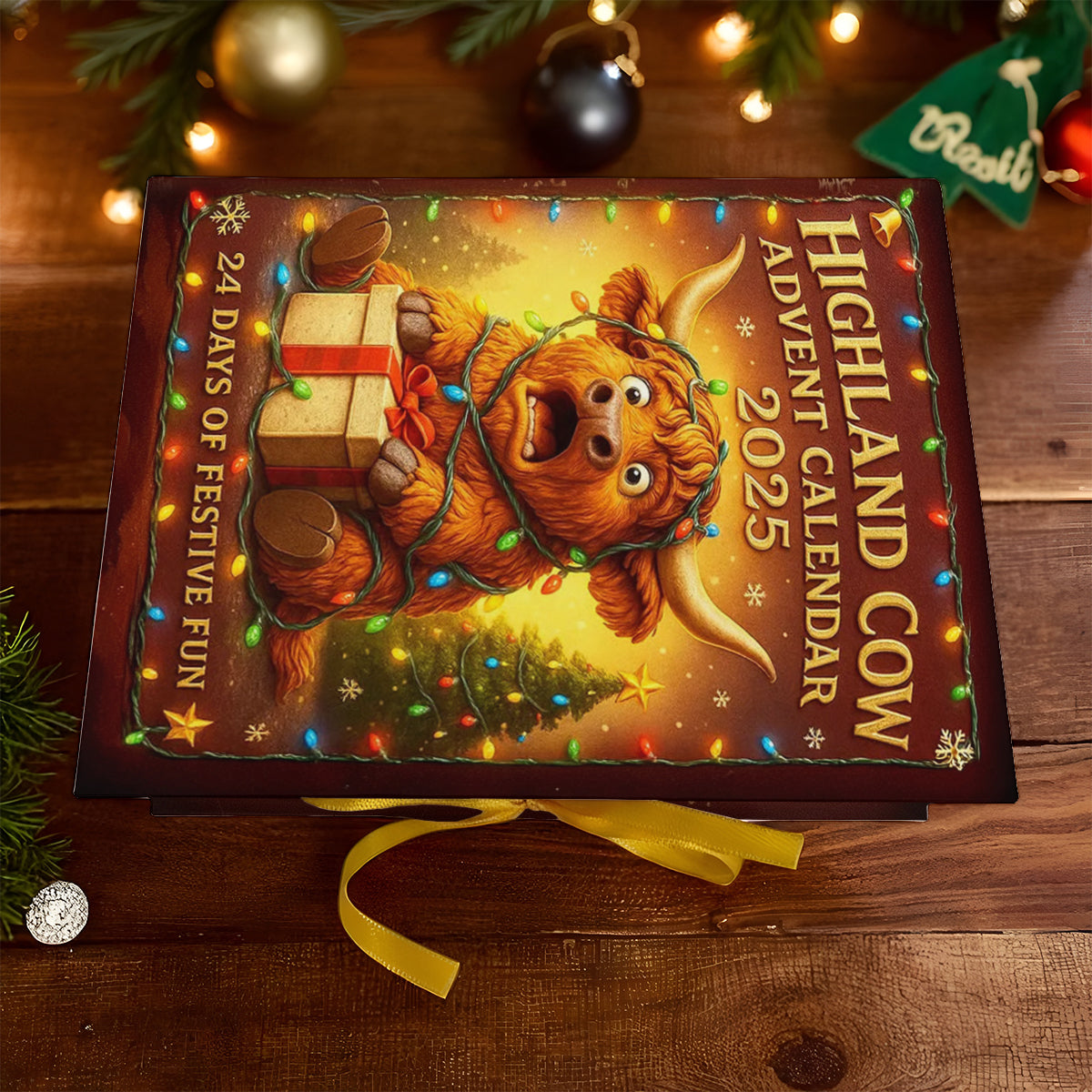 Adventskalender mit Hochlandrindern 2025 – Faltbarer Adventskalender mit Hochlandrindern und Ornamenten