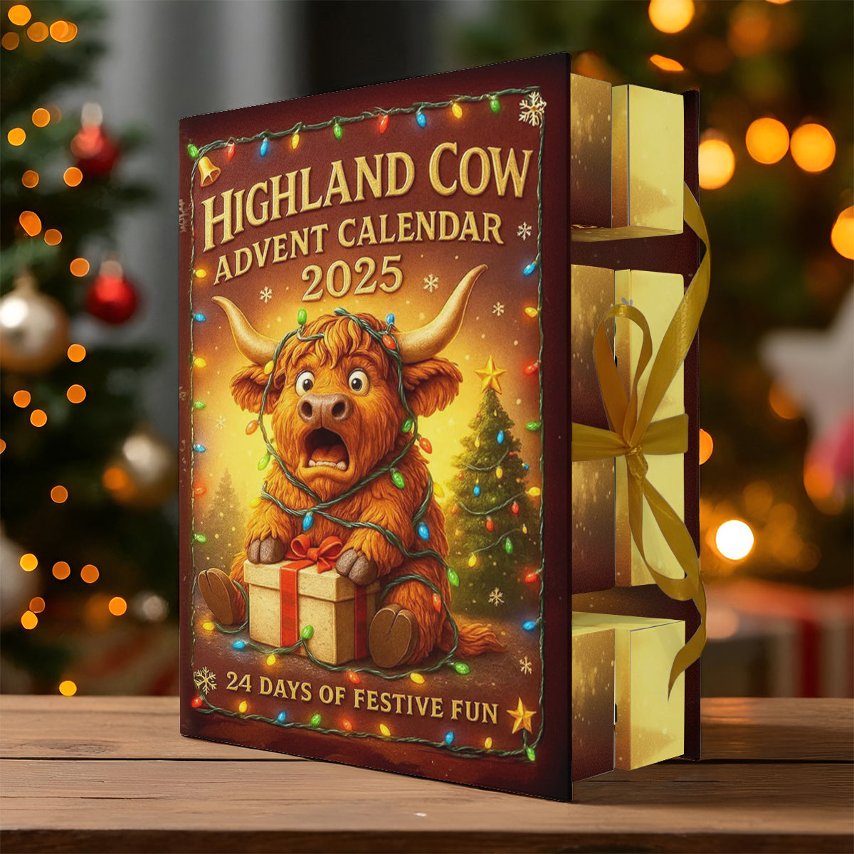 Adventskalender mit Hochlandrindern 2025 – Faltbarer Adventskalender mit Hochlandrindern und Ornamenten