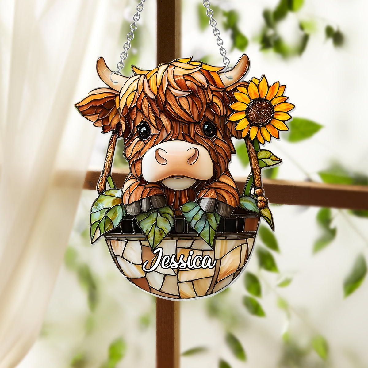 Cute Highland Cow And Sunflower - Personalized Highland Cow Window Hanging Suncatcher Ornament