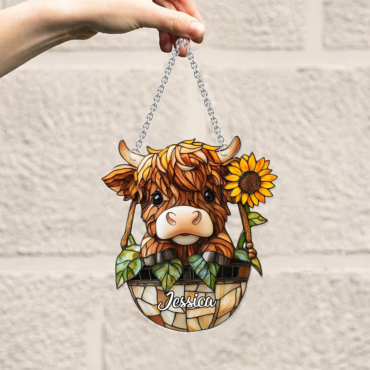 Cute Highland Cow And Sunflower - Personalized Highland Cow Window Hanging Suncatcher Ornament