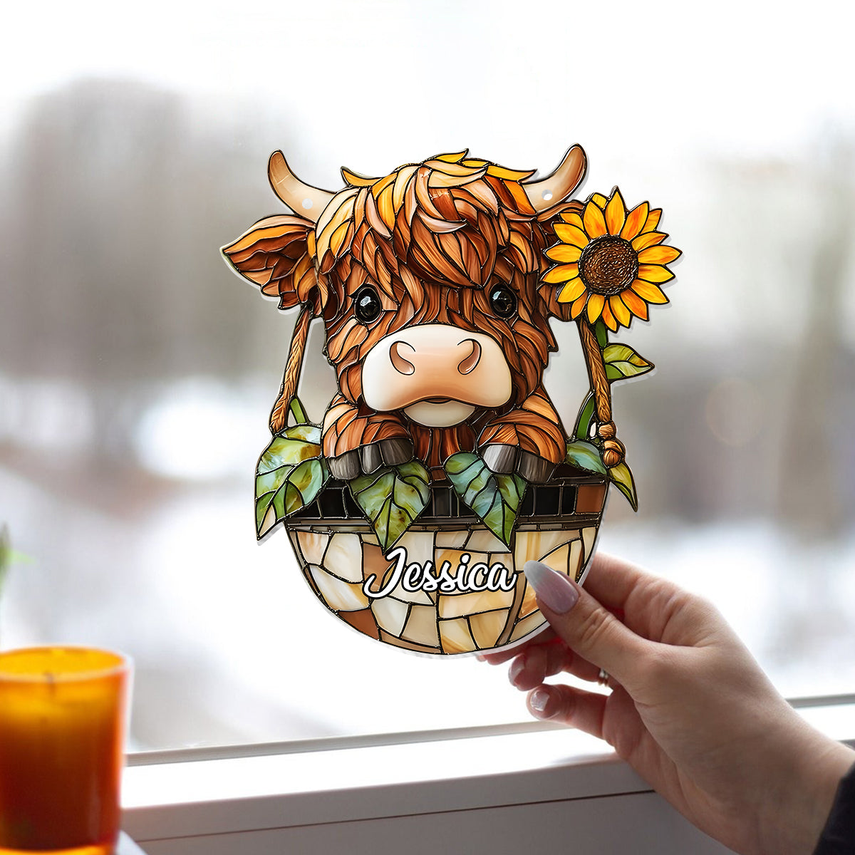 Cute Highland Cow And Sunflower - Personalized Highland Cow Window Hanging Suncatcher Ornament