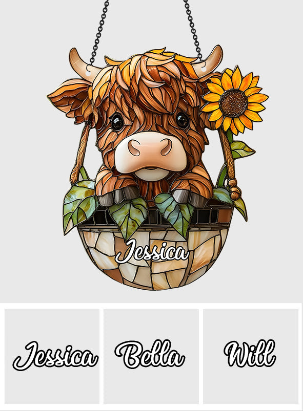 Cute Highland Cow And Sunflower - Personalized Highland Cow Window Hanging Suncatcher Ornament