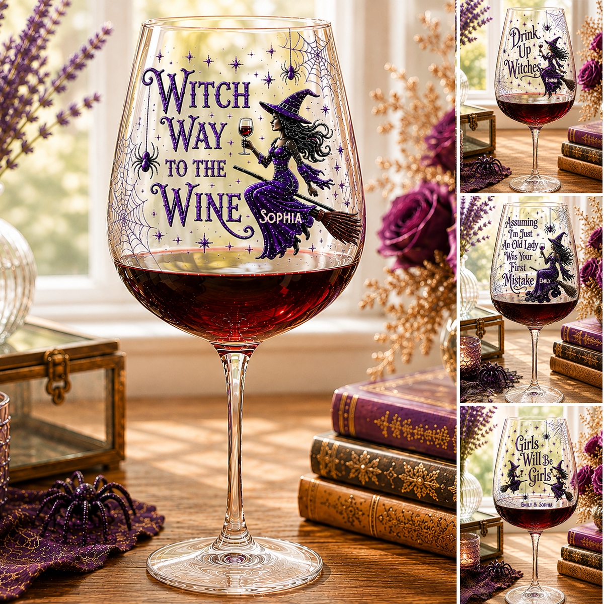 Drink Up Witches - Personalized Witch Wine Glasses Set With Wooden Box