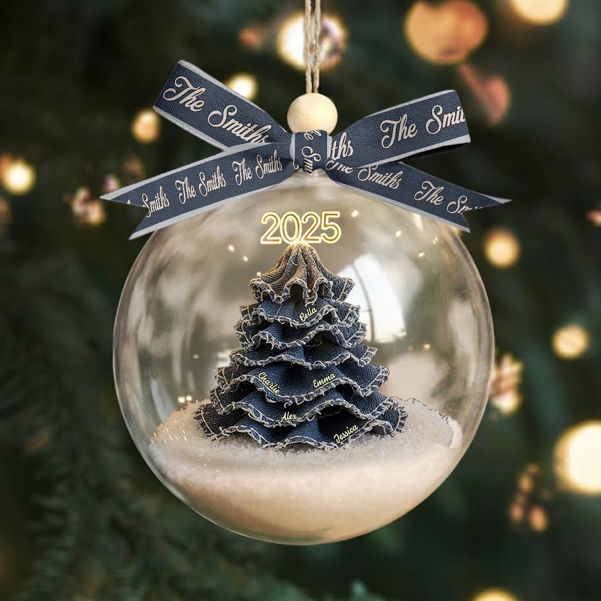 Frohe Weihnachten, Familie! – Personalisierte Schneekugel mit Schleife