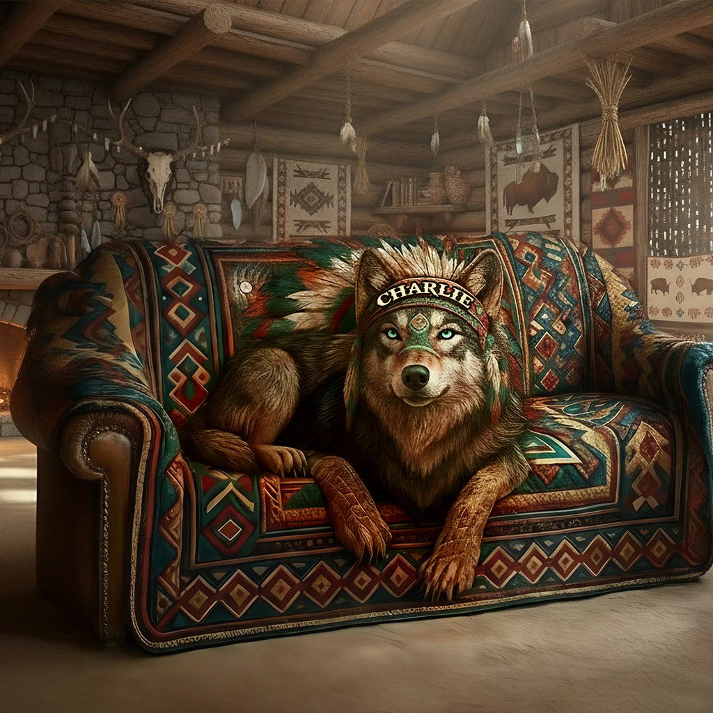 Personalisierter, gesteppter Sofabezug mit Indianermotiv – Motiv: Wolf aus Nordamerika