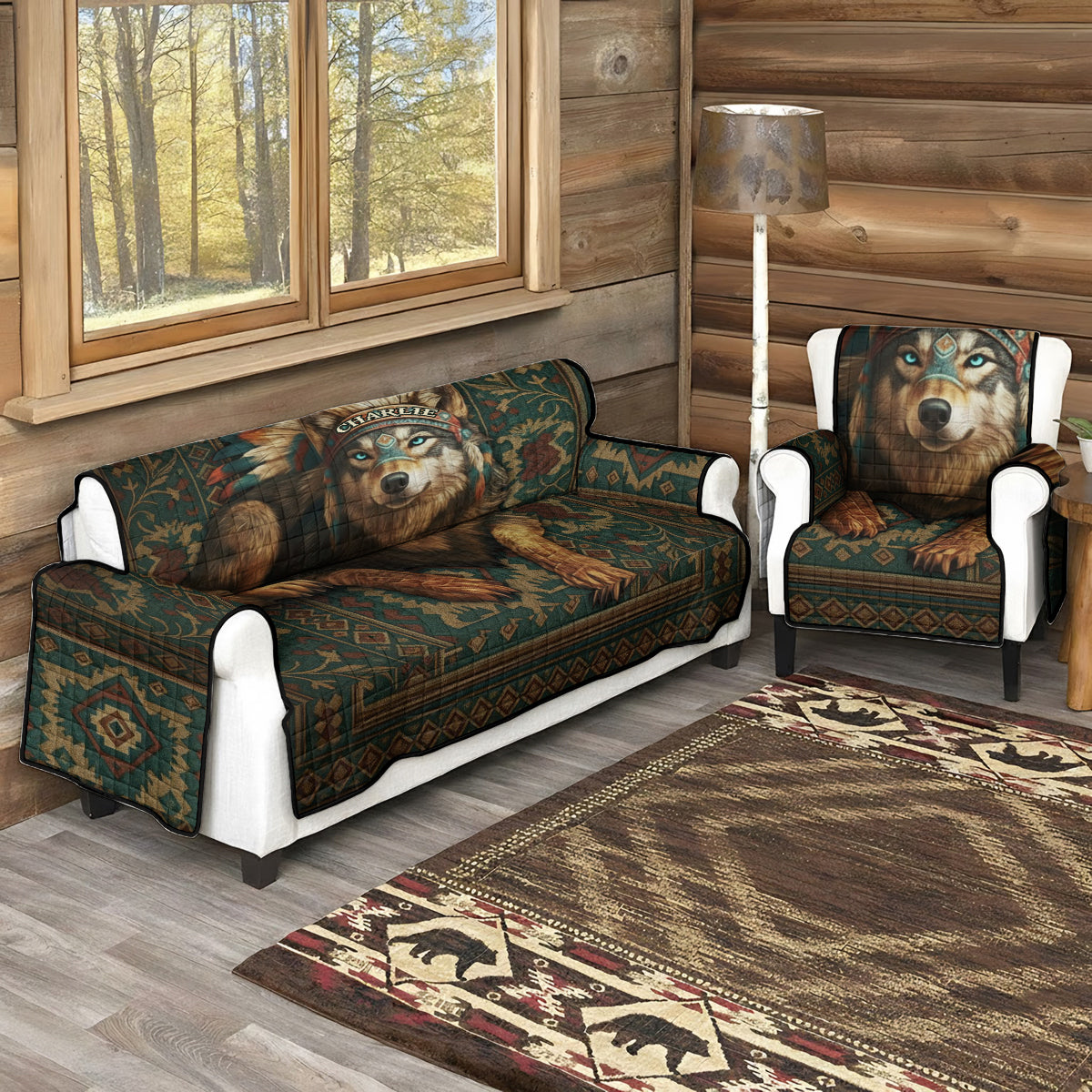 Personalisierter, gesteppter Sofabezug mit Indianermotiv – Motiv: Wolf aus Nordamerika