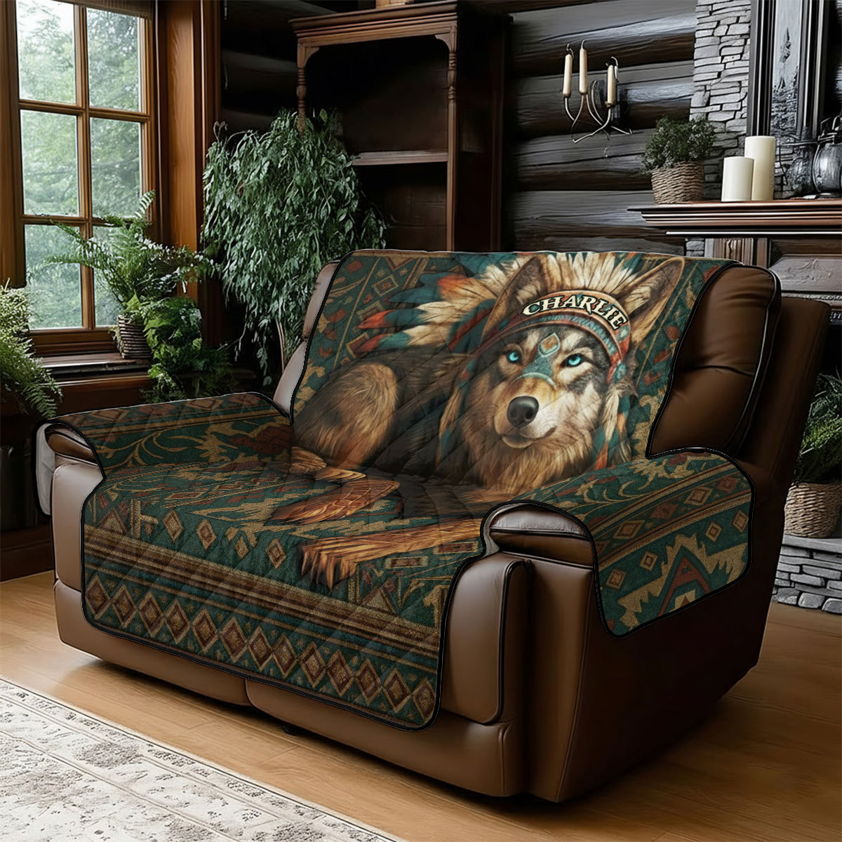 Personalisierter, gesteppter Sofabezug mit Indianermotiv – Motiv: Wolf aus Nordamerika