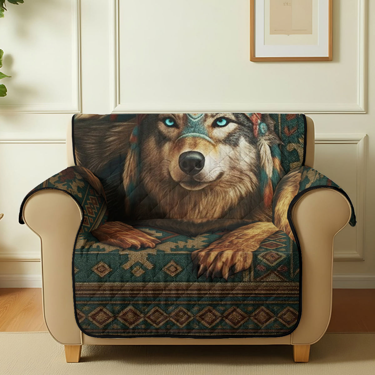 Personalisierter, gesteppter Sofabezug mit Indianermotiv – Motiv: Wolf aus Nordamerika
