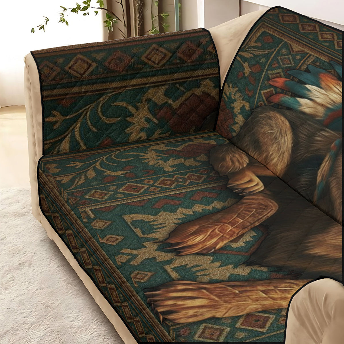 Personalisierter, gesteppter Sofabezug mit Indianermotiv – Motiv: Wolf aus Nordamerika