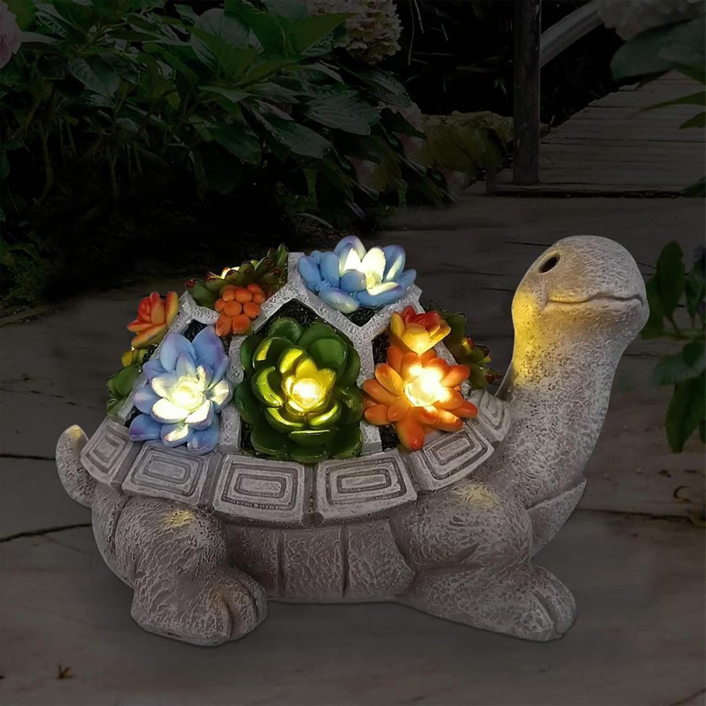Solarbetriebene Gartenfigur: Schildkröte mit Sukkulente und 7 LED-Leuchten