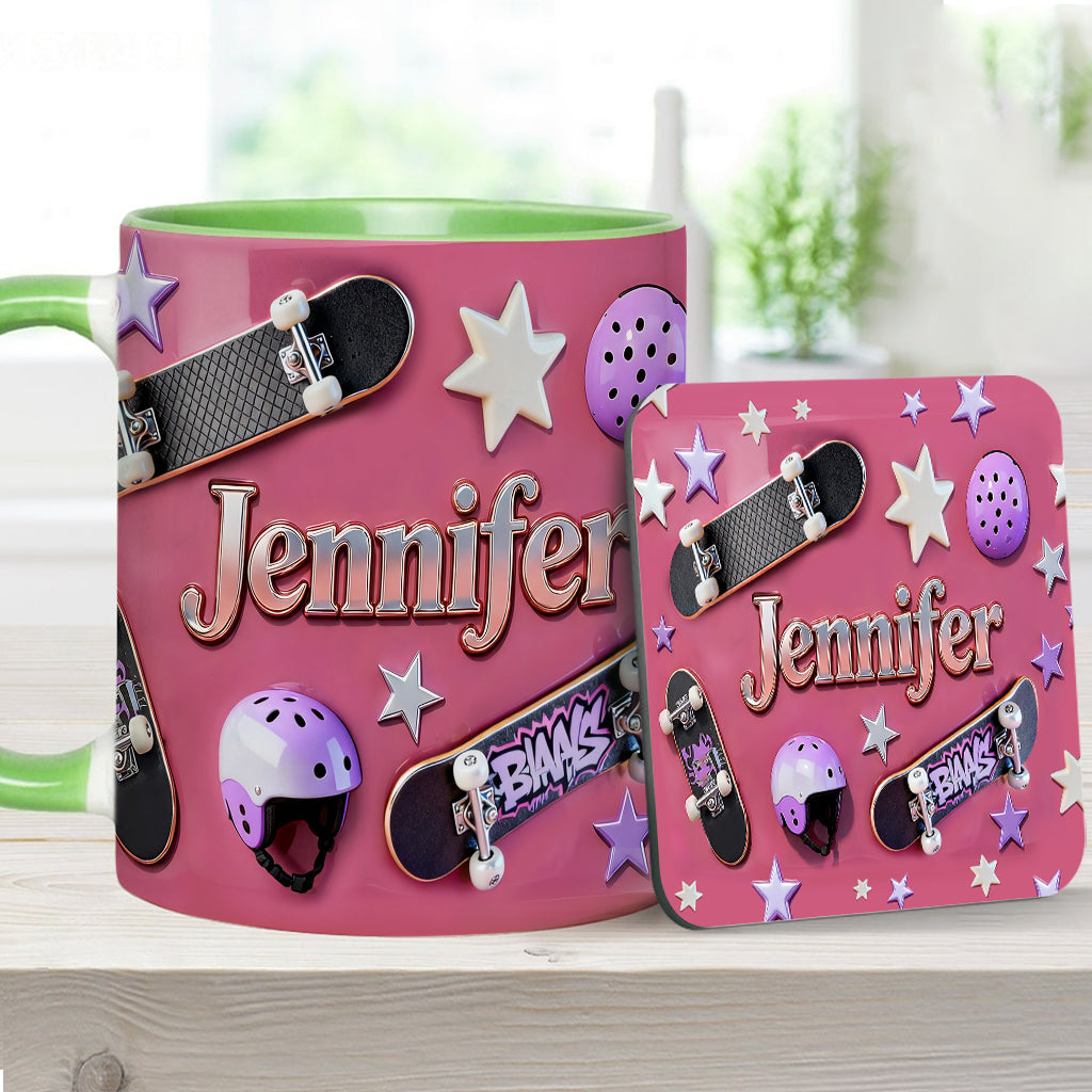 Skateboard-Begeisterung – Personalisierte Tasse und Untersetzer mit Skateboard-Motiv