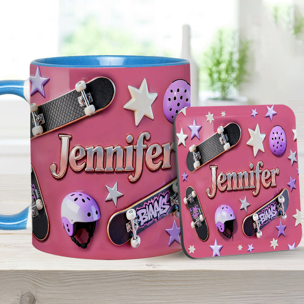 Skateboard-Begeisterung – Personalisierte Tasse und Untersetzer mit Skateboard-Motiv