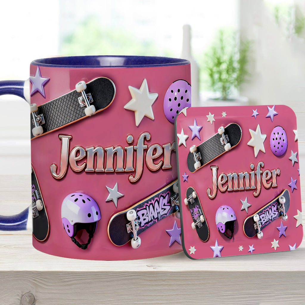 Skateboard-Begeisterung – Personalisierte Tasse und Untersetzer mit Skateboard-Motiv