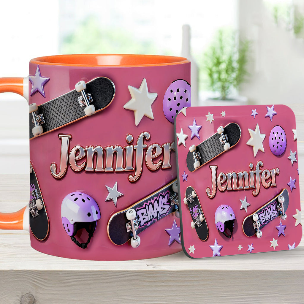 Skateboard-Begeisterung – Personalisierte Tasse und Untersetzer mit Skateboard-Motiv