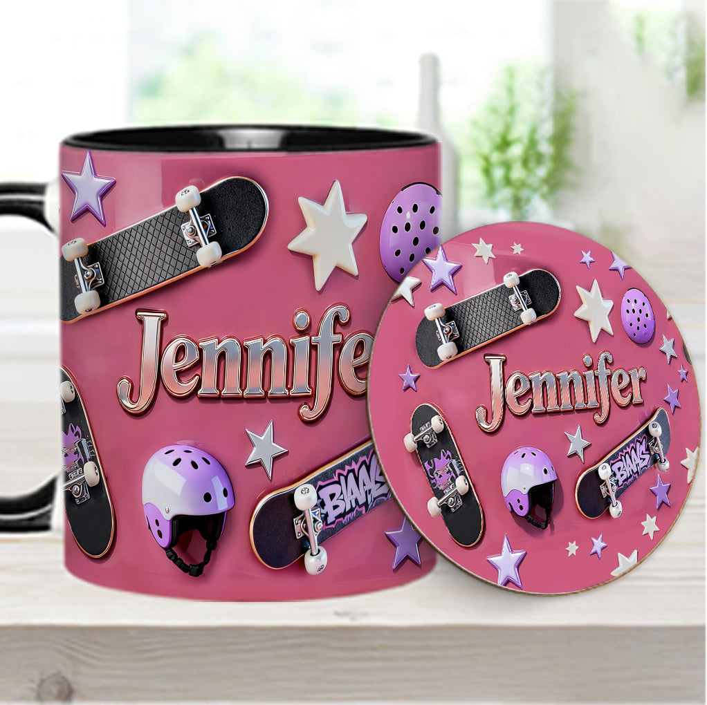 Skateboard-Begeisterung – Personalisierte Tasse und Untersetzer mit Skateboard-Motiv