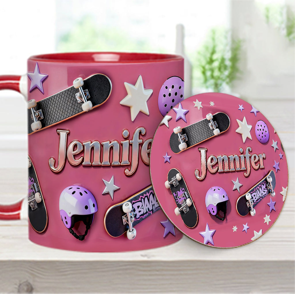 Skateboard-Begeisterung – Personalisierte Tasse und Untersetzer mit Skateboard-Motiv