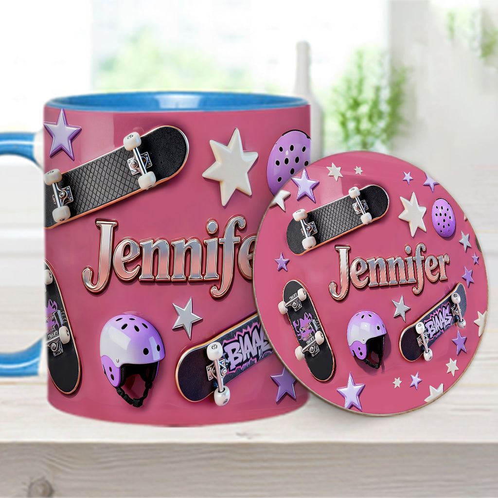 Skateboard-Begeisterung – Personalisierte Tasse und Untersetzer mit Skateboard-Motiv