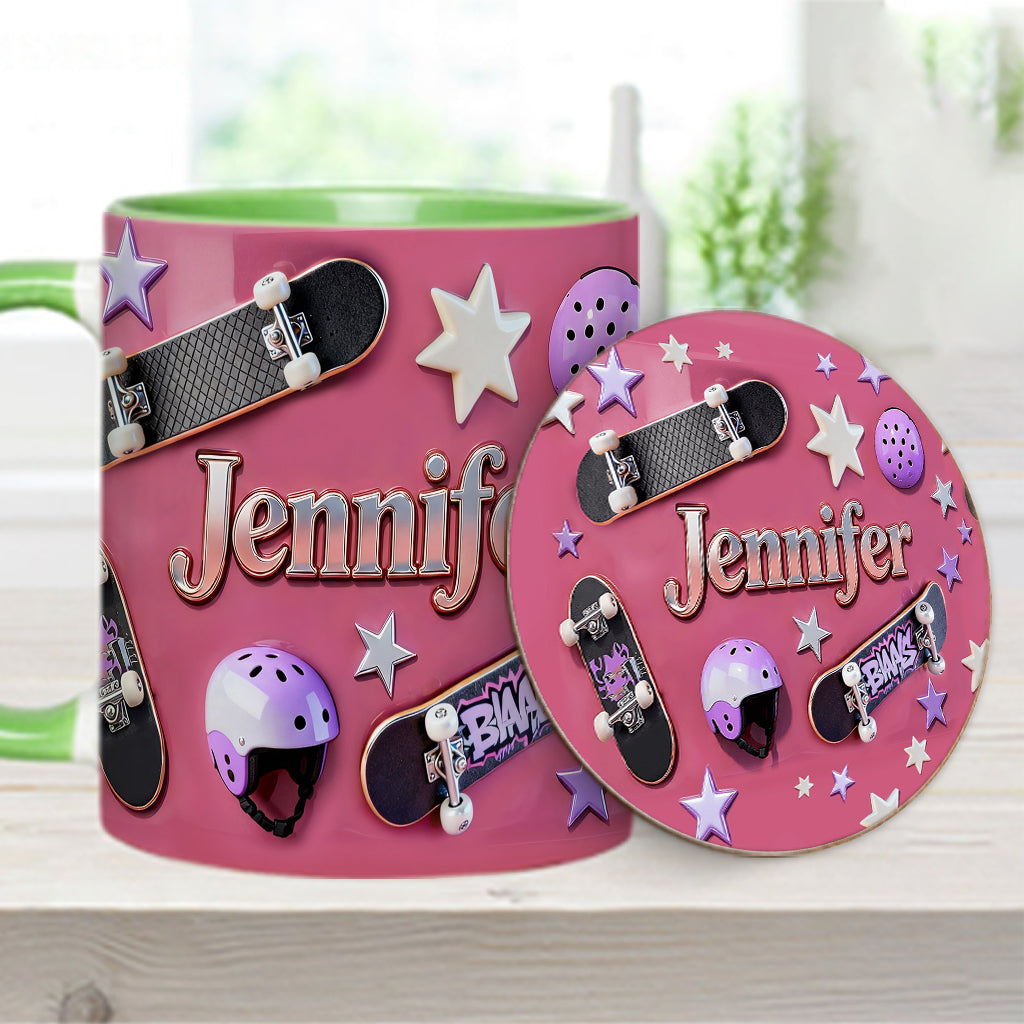 Skateboard-Begeisterung – Personalisierte Tasse und Untersetzer mit Skateboard-Motiv
