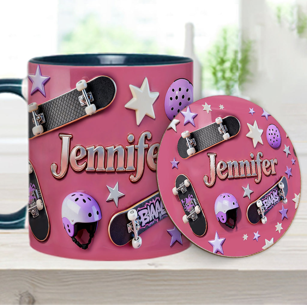 Skateboard-Begeisterung – Personalisierte Tasse und Untersetzer mit Skateboard-Motiv