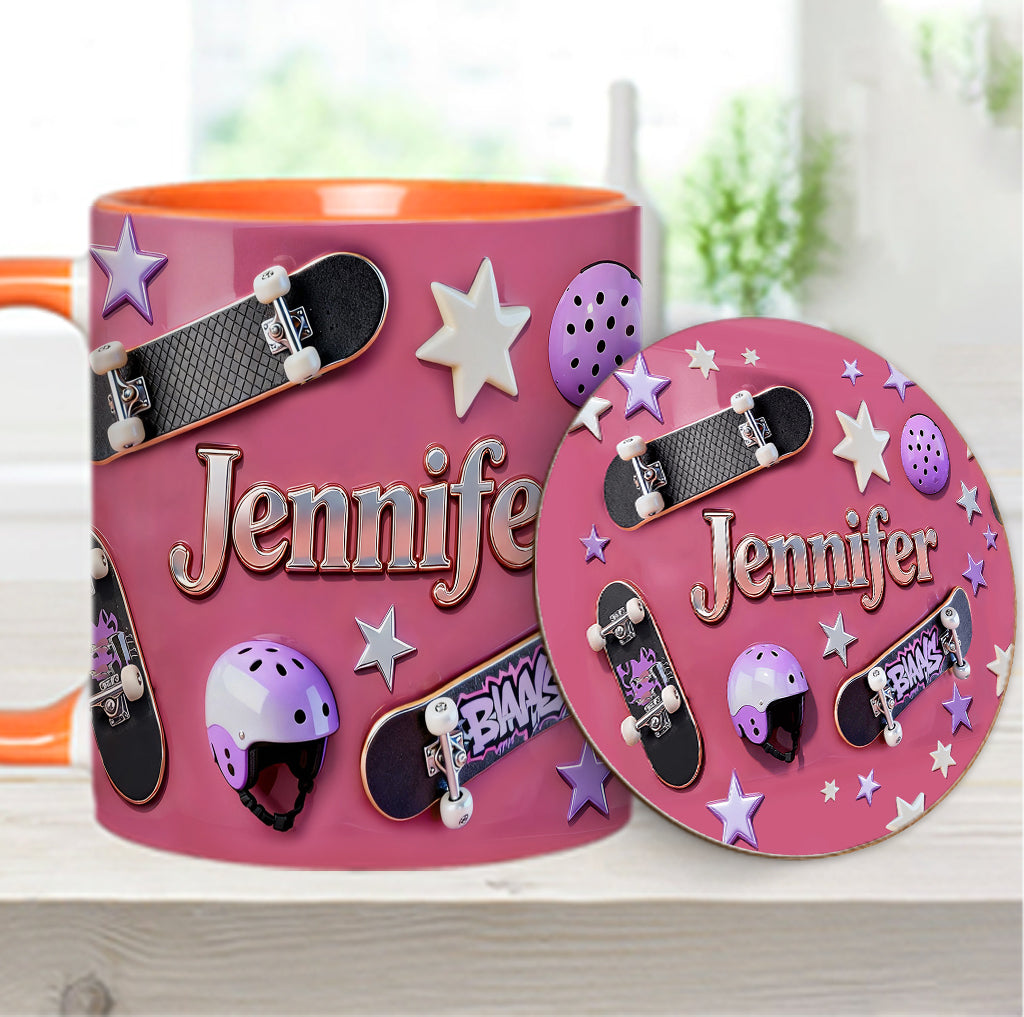 Skateboard-Begeisterung – Personalisierte Tasse und Untersetzer mit Skateboard-Motiv