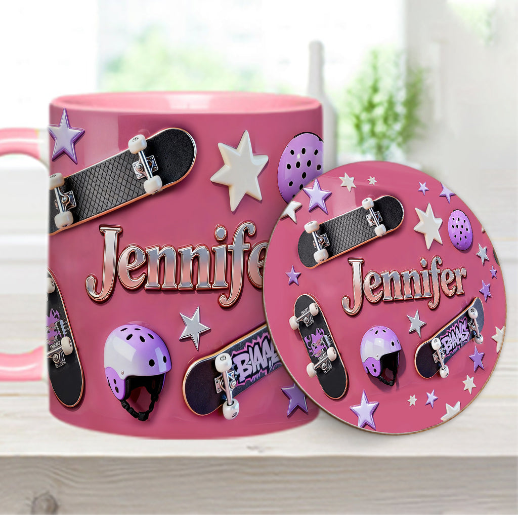 Skateboard-Begeisterung – Personalisierte Tasse und Untersetzer mit Skateboard-Motiv