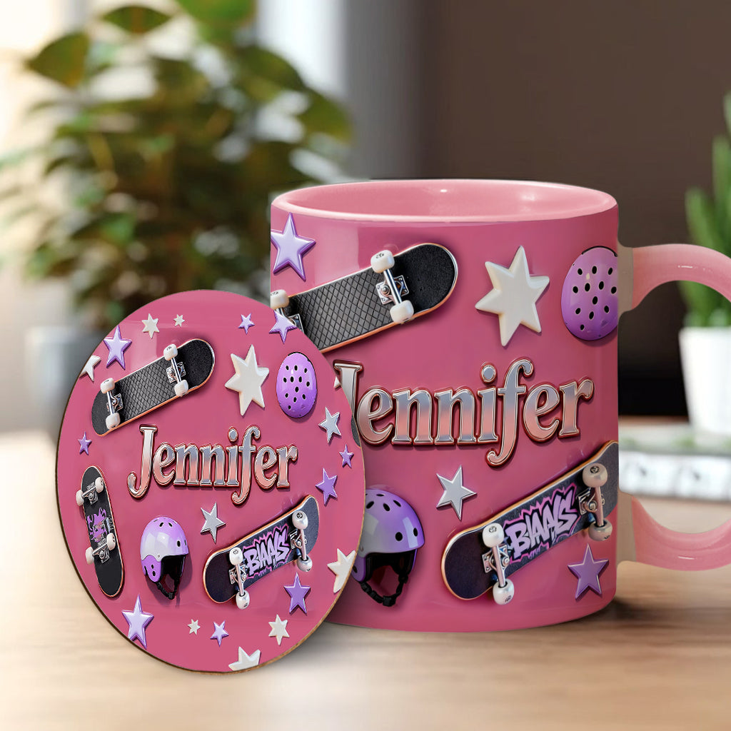 Skateboard-Begeisterung – Personalisierte Tasse und Untersetzer mit Skateboard-Motiv