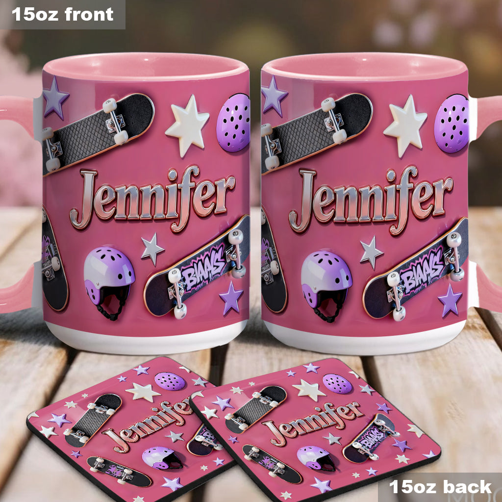 Skateboard-Begeisterung – Personalisierte Tasse und Untersetzer mit Skateboard-Motiv