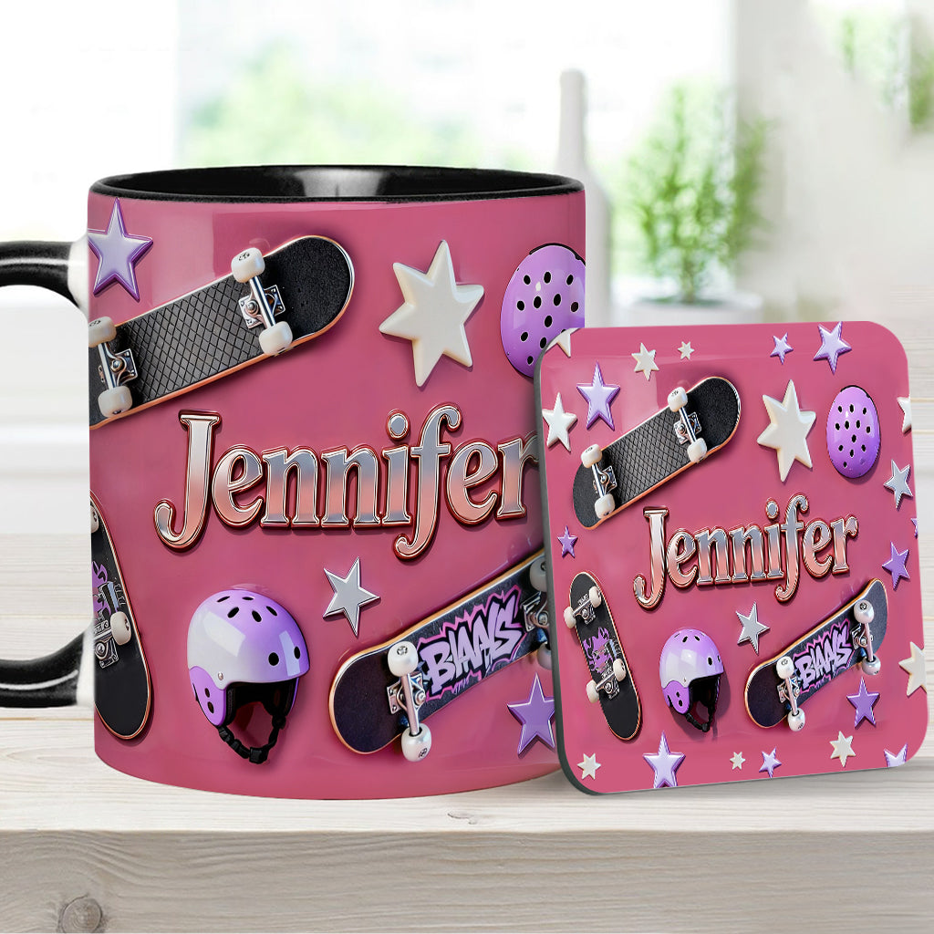 Skateboard-Begeisterung – Personalisierte Tasse und Untersetzer mit Skateboard-Motiv