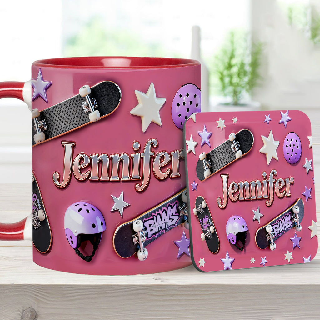 Skateboard-Begeisterung – Personalisierte Tasse und Untersetzer mit Skateboard-Motiv