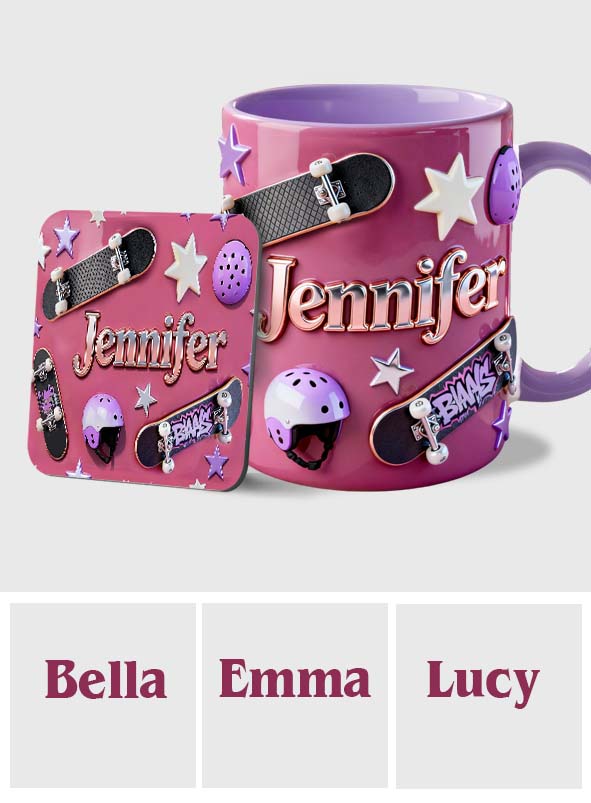 Skateboard-Begeisterung – Personalisierte Tasse und Untersetzer mit Skateboard-Motiv