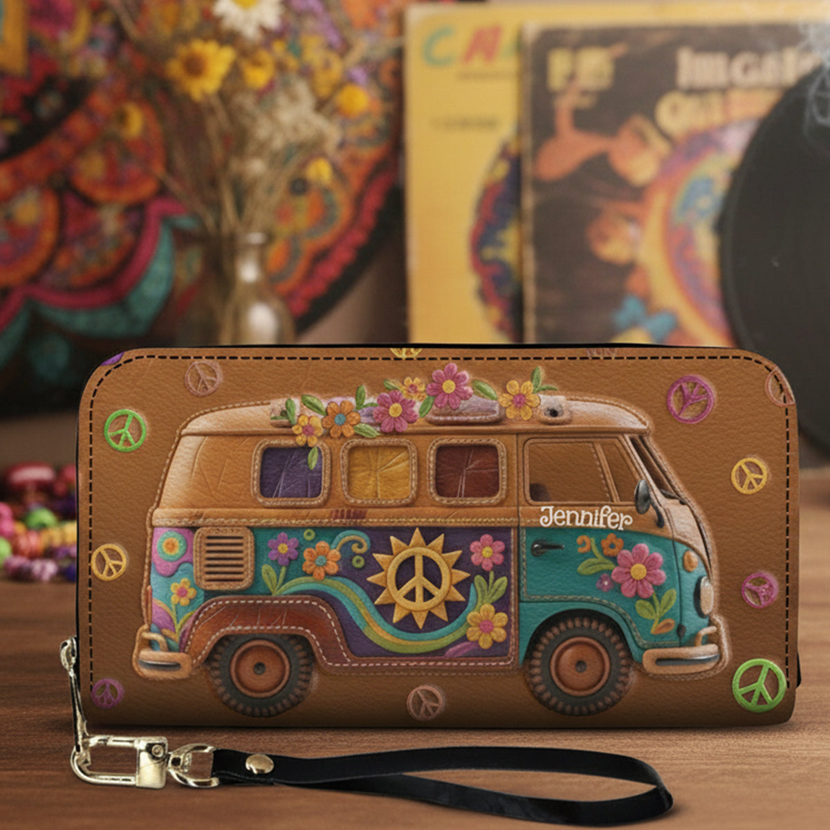 Floraler Hippie-Van – personalisierte Hippie-Ledergeldbörse
