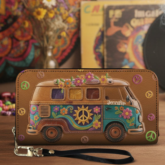 Floraler Hippie-Van – personalisierte Hippie-Ledergeldbörse