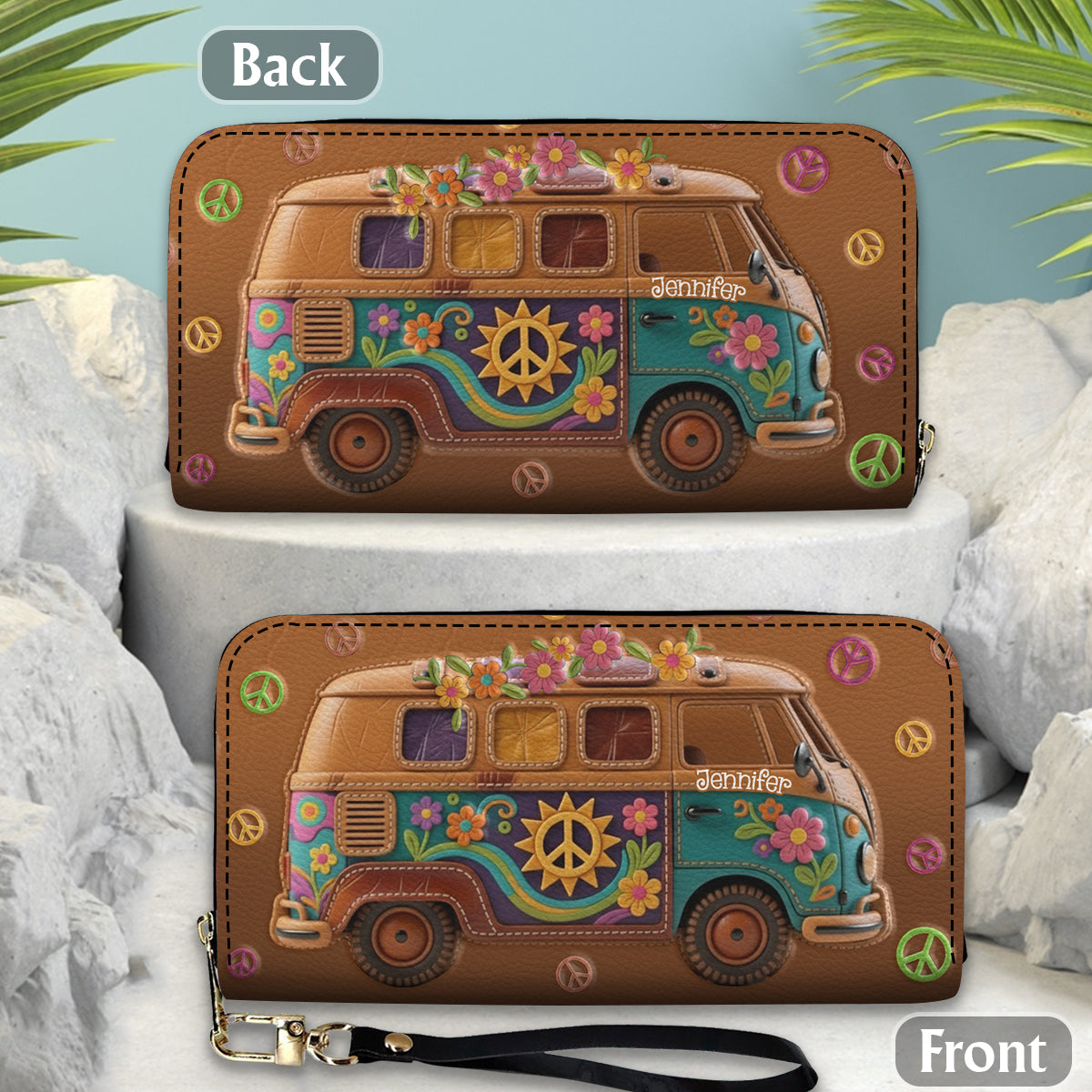 Floraler Hippie-Van – personalisierte Hippie-Ledergeldbörse