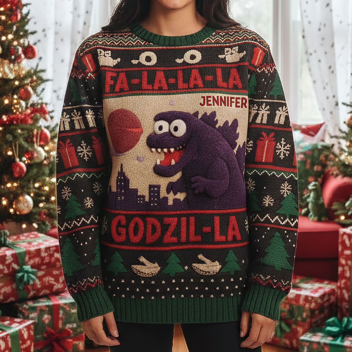 Godzilla-Weihnachtspullover - Personalisierter Riesenmonster-Pullover