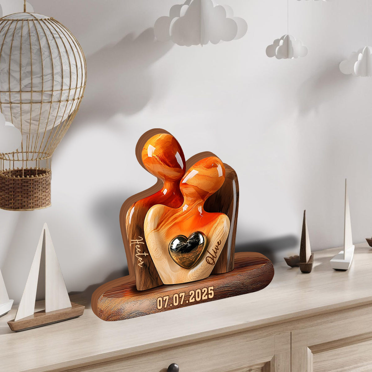 Elegant Couple Statue with Heart Inlay - Personalized Couple Custom Shaped Wood Plaque