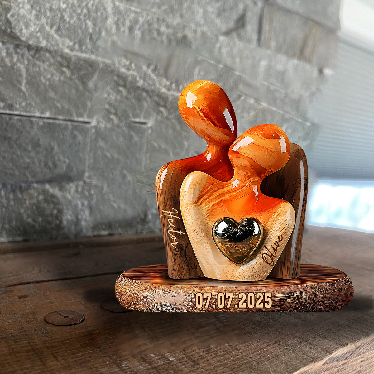 Elegant Couple Statue with Heart Inlay - Personalized Couple Custom Shaped Wood Plaque