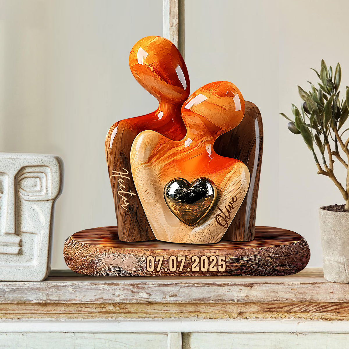Elegant Couple Statue with Heart Inlay - Personalized Couple Custom Shaped Wood Plaque