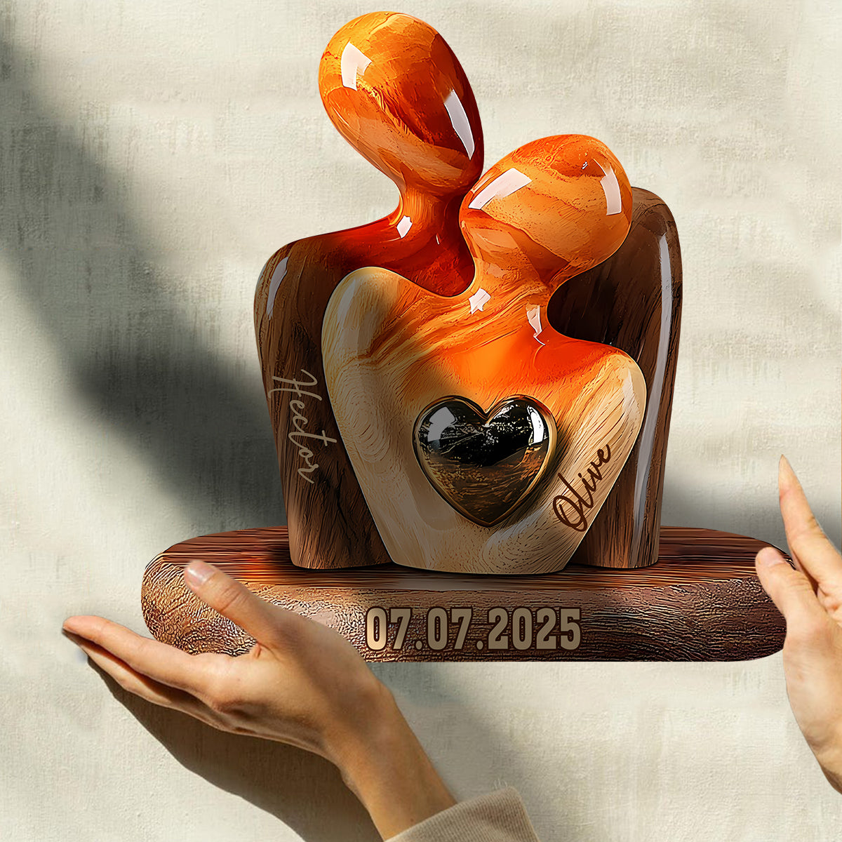 Elegant Couple Statue with Heart Inlay - Personalized Couple Custom Shaped Wood Plaque