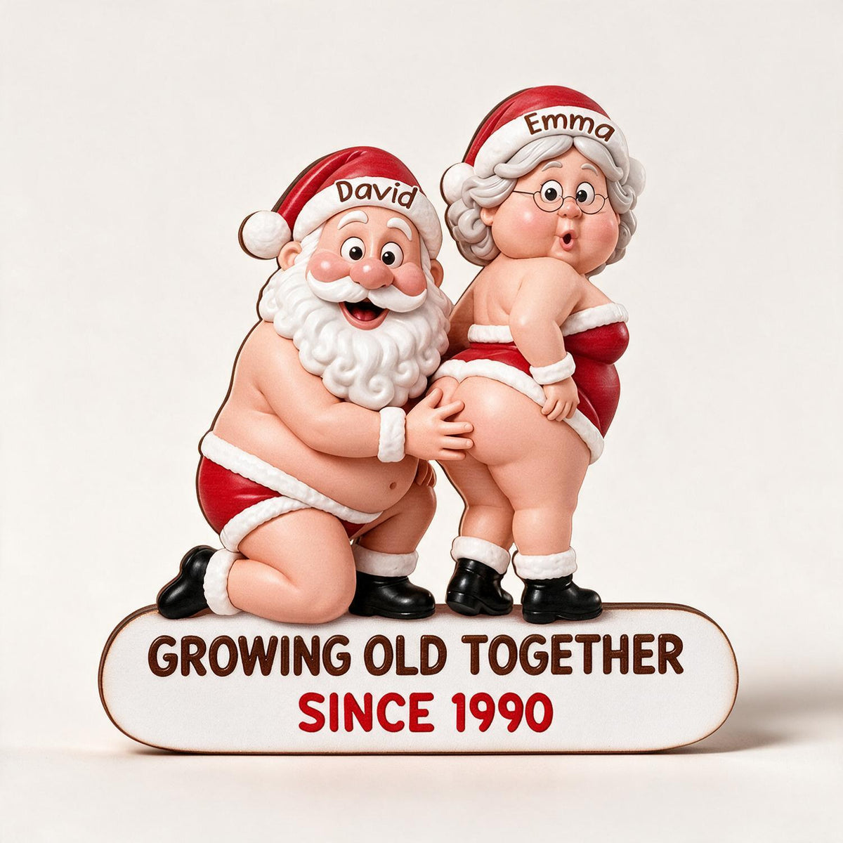 Personalized Christmas Funny Santa & Mrs. Claus Couple Wooden Ornament - Growing Old Together Gift