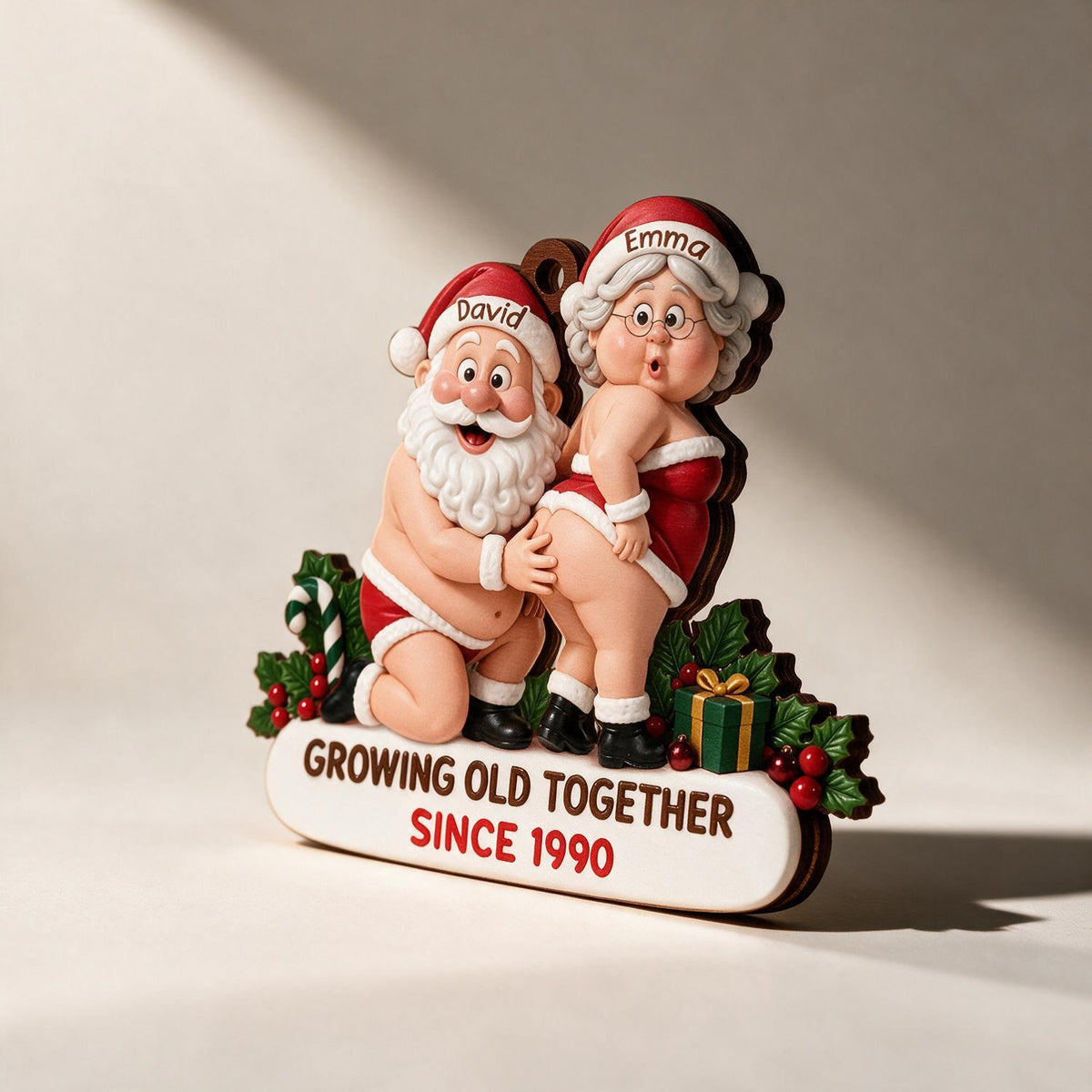 Personalized Christmas Funny Santa & Mrs. Claus Couple Wooden Ornament - Growing Old Together Gift