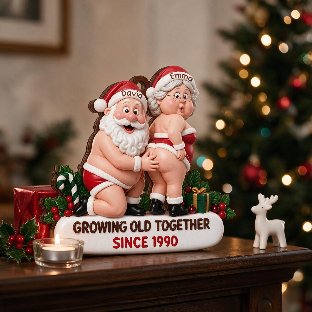 Personalized Christmas Funny Santa & Mrs. Claus Couple Wooden Ornament - Growing Old Together Gift