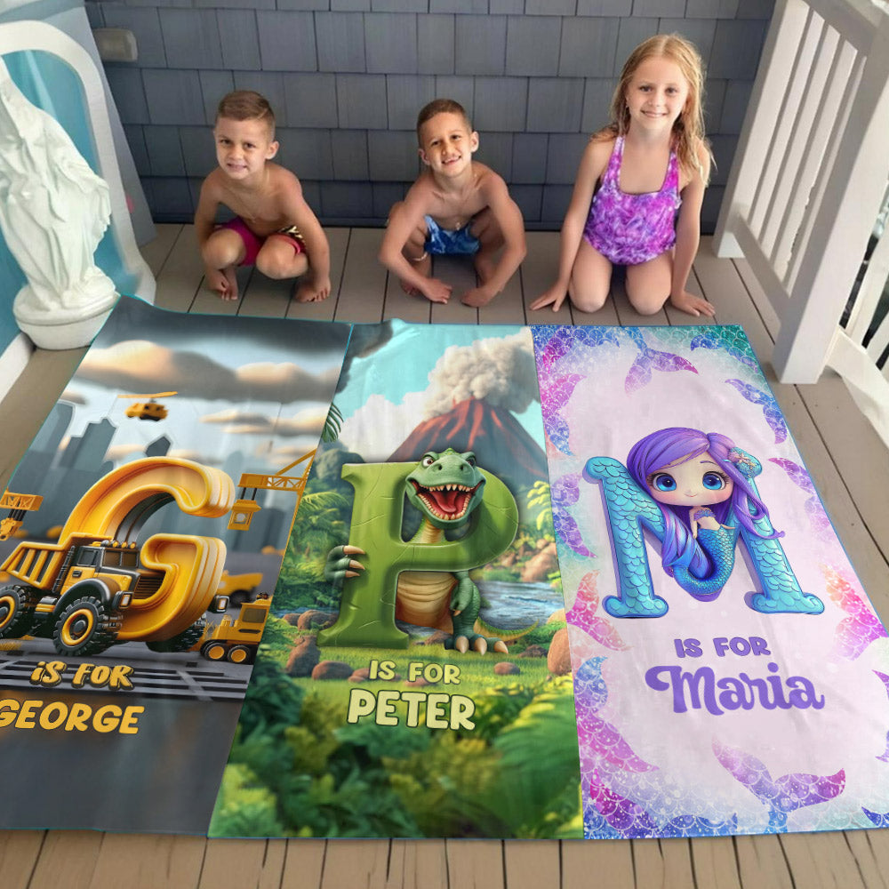 Kinder-Meerjungfrauen-/Dinosaurier-/LKW-Alphabet – personalisiertes, schnelltrocknendes Strand-/Badetuch