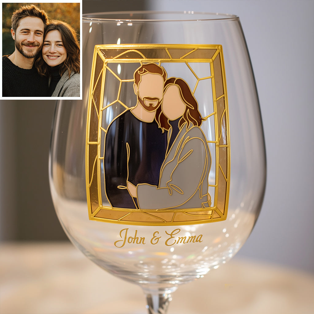 Custom One Line Art From Photo, Hand Painted Stained Glass Style - Personalized Couple Wine Glass With Long Stem