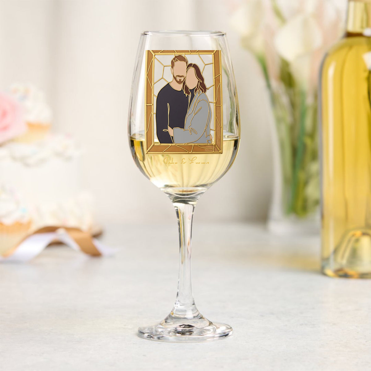 Custom One Line Art From Photo, Hand Painted Stained Glass Style - Personalized Couple Wine Glass With Long Stem