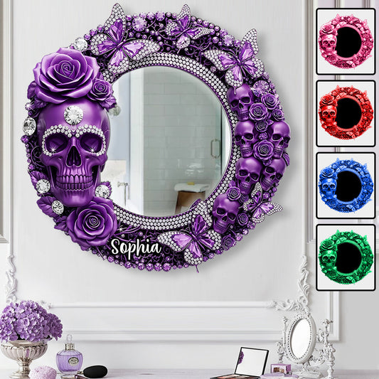 Wunderschöner Totenkopf mit Rosen – Personalisierter Totenkopf-Wandspiegel